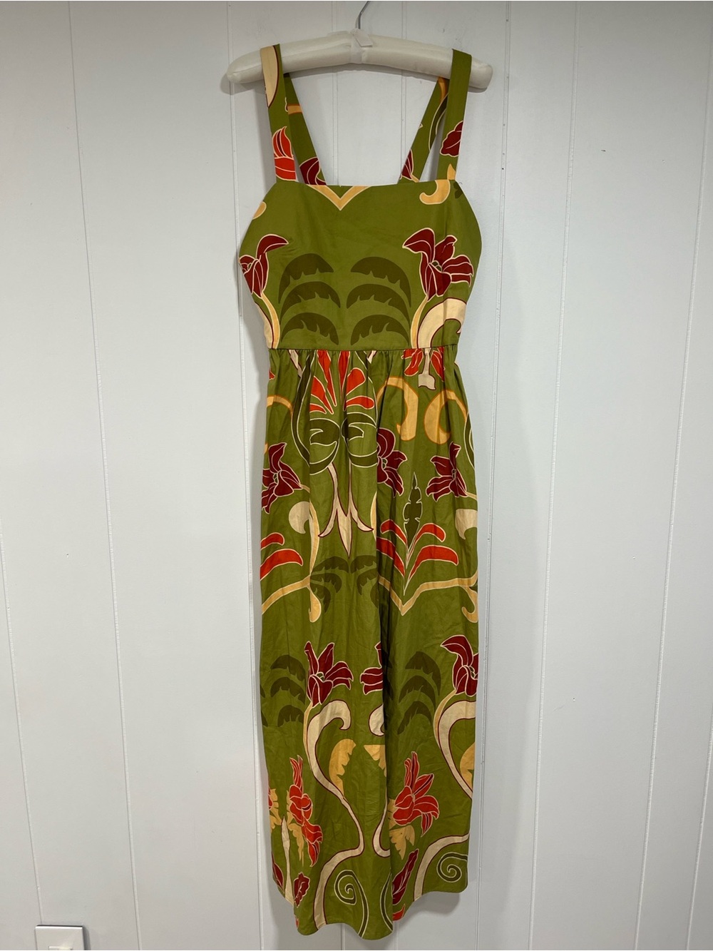 Zara Olive Green Floral Midi Dress with Red & Cream Accents - Picture 5 of 14